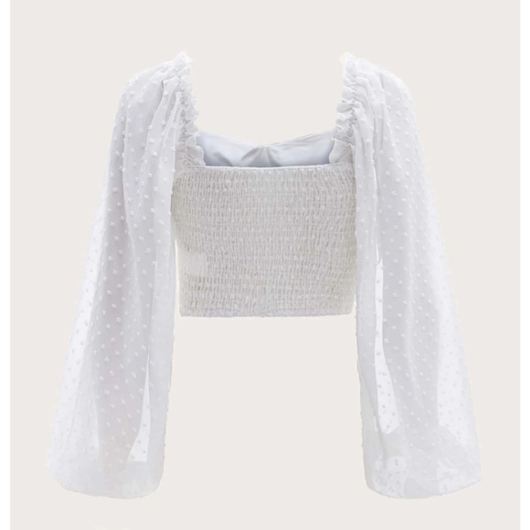 White Swiss Dot Sheer Sleeve Crop Blouse Top - Picture 7 of 11